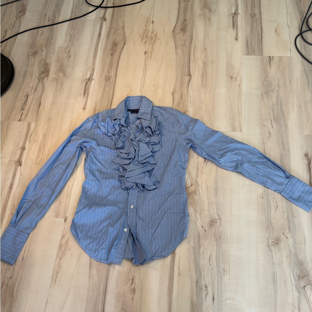 Ralph Lauren Blue Striped Ruffle Shirt